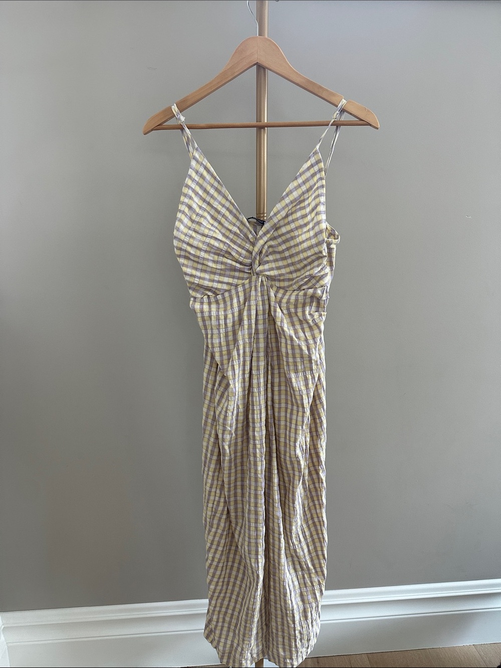 Zara Gingham Twist Front Midi Dress Yellow White Purple Large NWT